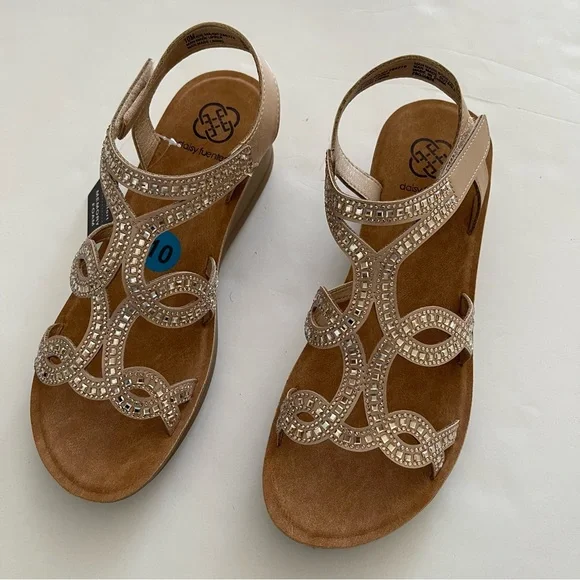 Daisy Fuentes Tan Rhinestone Crystal Embellished Strappy Wedge Sandals - Picture 1 of 10